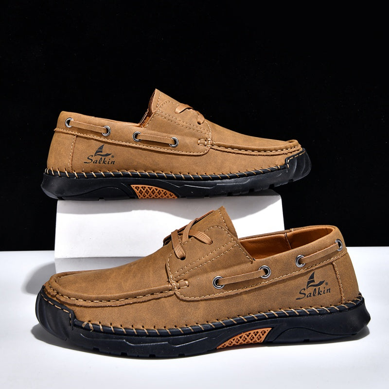 (💥Top Rated Choice)  Men’s Orthopedic Premium Handmade Leather Boat Shoes – Pressure Relief, Waterproof, Slip-Resistant, Wide Toe, Arch&Ankle Support for Everyday & Travel