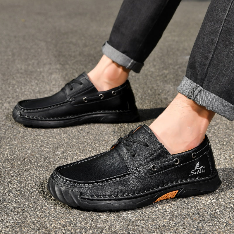 (💥Top Rated Choice)  Men’s Orthopedic Premium Handmade Leather Boat Shoes – Pressure Relief, Waterproof, Slip-Resistant, Wide Toe, Arch&Ankle Support for Everyday & Travel