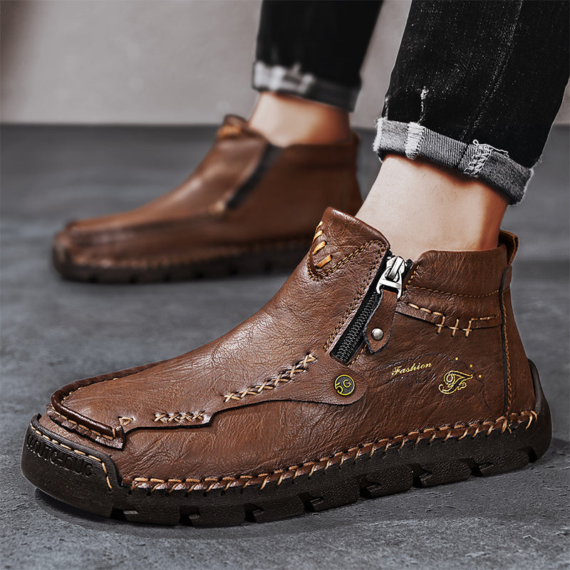 (🎁#6 Best Seller) Men's Top-Quality Motorcycle Boots Hand-Stitched Genuine Leather Boots-Wide Toe, Waterproof, Anti-Slip, Anti-Sprain, Suitable for Work, Driving, Hiking