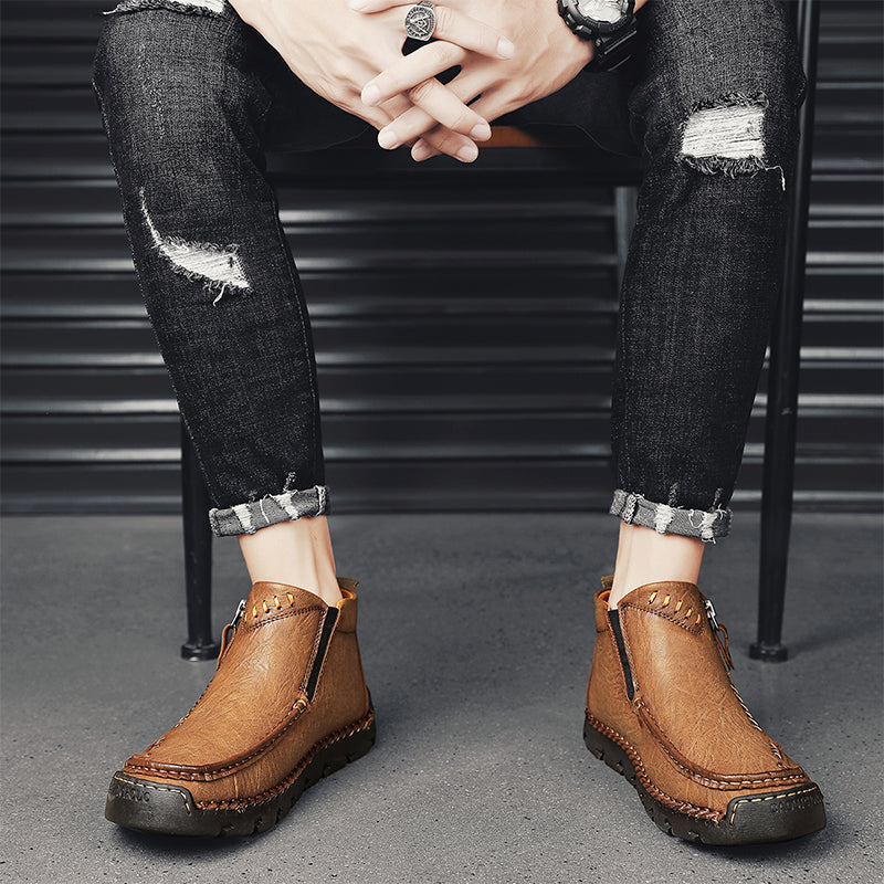 (🎁#6 Best Seller) Men's Top-Quality Motorcycle Boots Hand-Stitched Genuine Leather Boots-Wide Toe, Waterproof, Anti-Slip, Anti-Sprain, Suitable for Work, Driving, Hiking