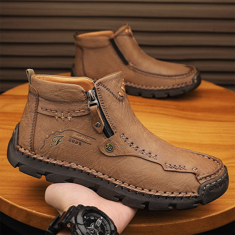 (🎁#6 Best Seller) Men's Top-Quality Motorcycle Boots Hand-Stitched Genuine Leather Boots-Wide Toe, Waterproof, Anti-Slip, Anti-Sprain, Suitable for Work, Driving, Hiking