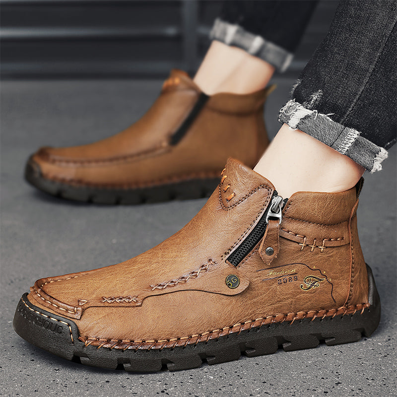 (🎁#6 Best Seller) Men's Top-Quality Motorcycle Boots Hand-Stitched Genuine Leather Boots-Wide Toe, Waterproof, Anti-Slip, Anti-Sprain, Suitable for Work, Driving, Hiking